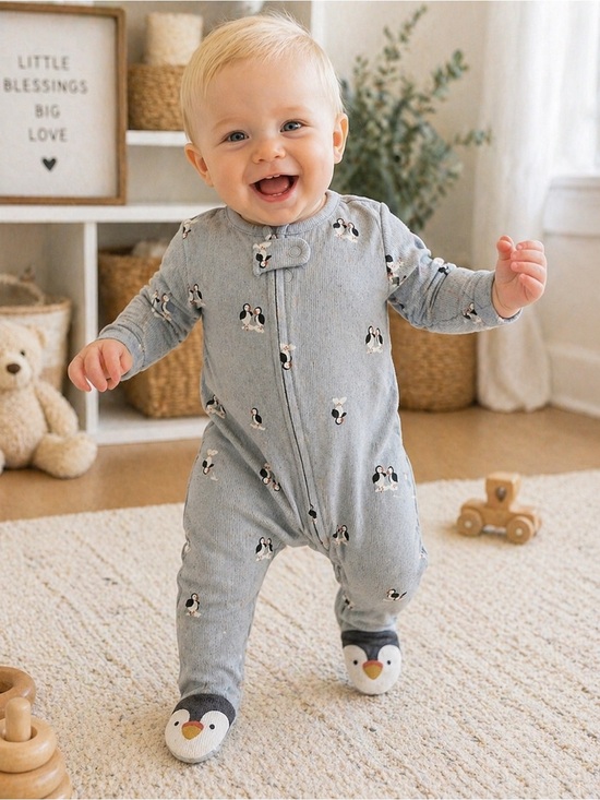 Carter's Other - Carter’s Just One You Newborn Penguin Footed Sleeper NWT Gray Zip Pajamas Baby